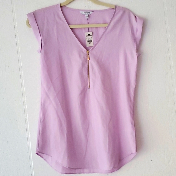 NWT Express Light Purple Lavender Zip Gramercy Top Blouse Cuffed Cap Sleeves - Picture 1 of 4